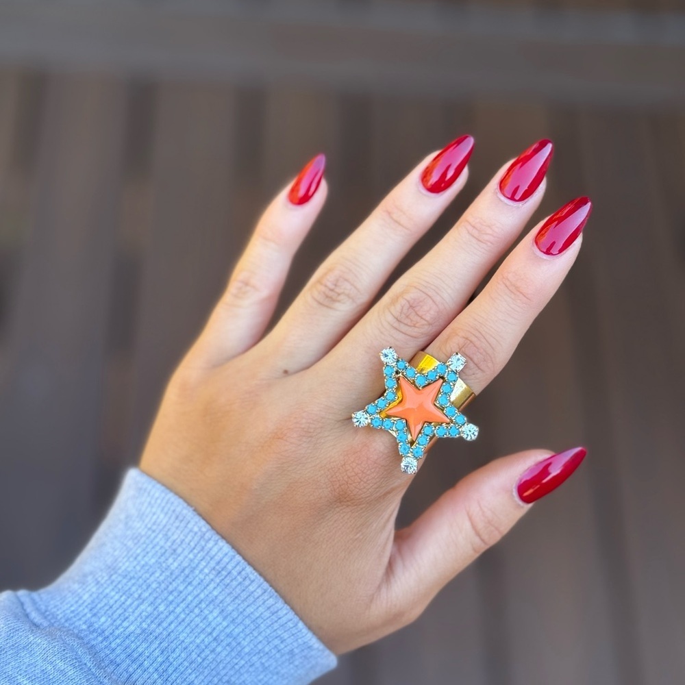 Star-Shaped Antique Gold Plated Orange and Turquoise Ring - Picture 2 of 3
